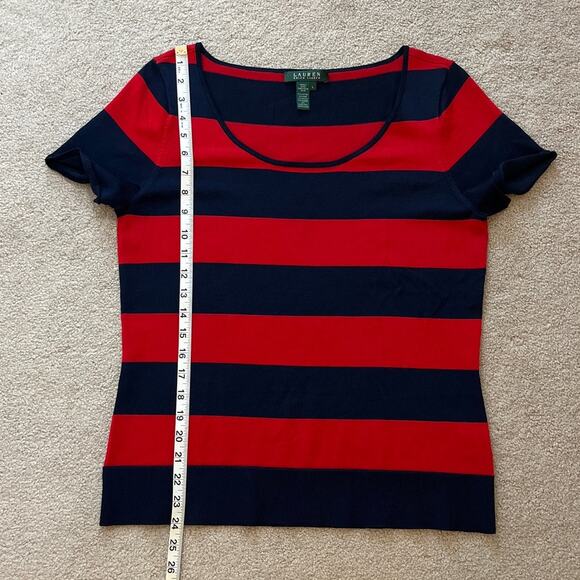 Lauren Ralph Lauren Slinky Knit Striped Short Sleeve Top Size Large Red Blue - Picture 6 of 6
